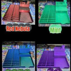 May include: A set of four plastic desk organisers in red nebula, mint, ocean water, and purple. Each organiser features a grid of vertical slots on the left, a tiered storage section with various compartments, and a large open tray area on the right.