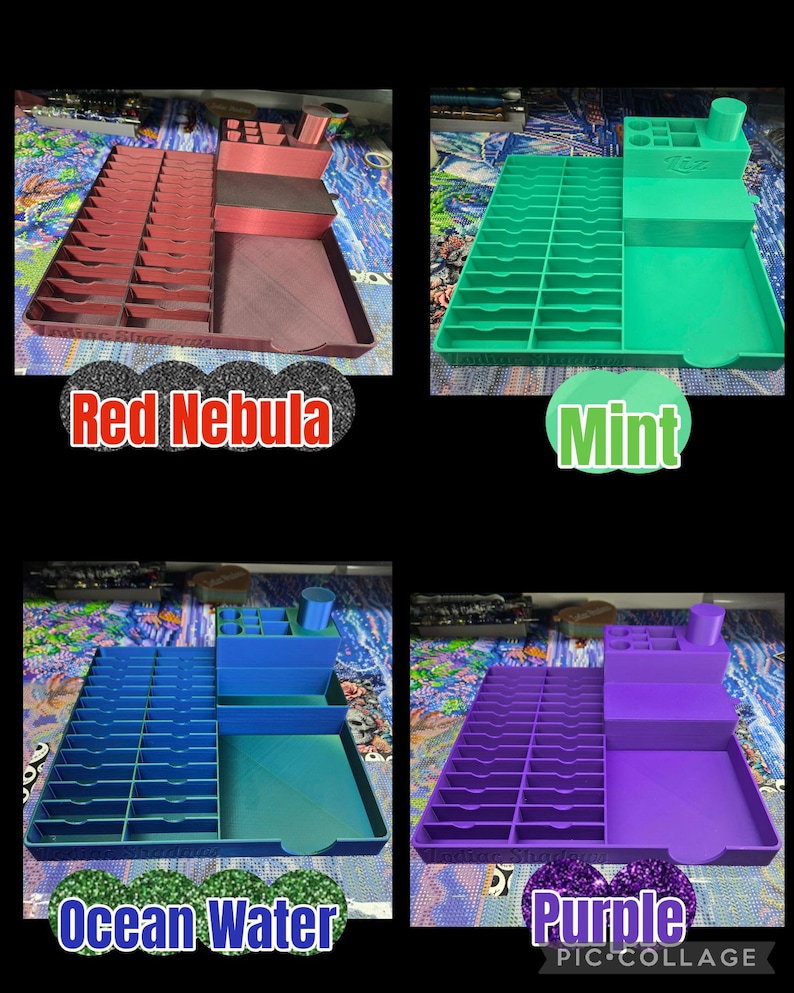 May include: A set of four plastic desk organisers in red nebula, mint, ocean water, and purple. Each organiser features a grid of vertical slots on the left, a tiered storage section with various compartments, and a large open tray area on the right.
