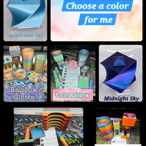 May include: A collage of 3D-printed objects in various colors and finishes. Featured items include geometric shapes, cylinders, and tools. Text overlays read "Bright Blue Silk," "Rainbow Glitter," "Pastel Rainbow," "Midnight Sky," "Rainbow Silk," and "Clear Rainbow." The text "Choose a color for me" is also present.