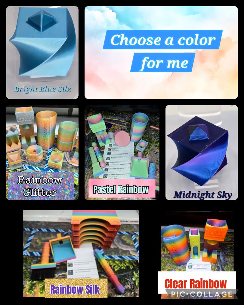 May include: A collage of 3D-printed objects in various colors and finishes. Featured items include geometric shapes, cylinders, and tools. Text overlays read "Bright Blue Silk," "Rainbow Glitter," "Pastel Rainbow," "Midnight Sky," "Rainbow Silk," and "Clear Rainbow." The text "Choose a color for me" is also present.