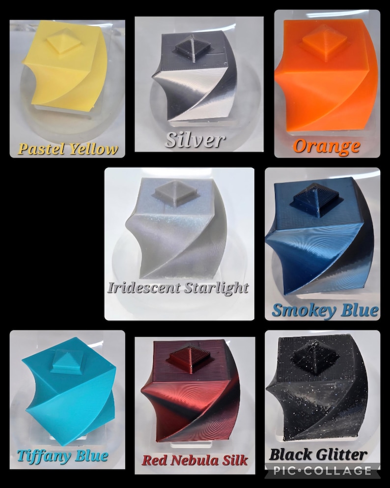 May include: A collage of 3D-printed geometric sculptures in various colors. Colors include pastel yellow, silver, orange, iridescent starlight, smokey blue, tiffany blue, red nebula silk, and black glitter. Each sculpture has a square pyramid on top.