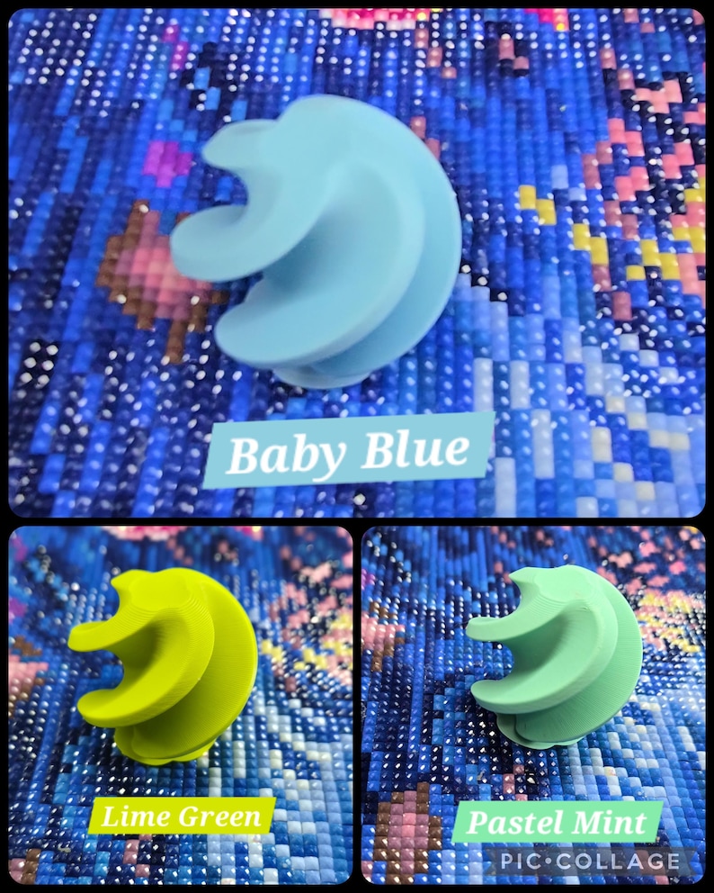 May include: Three spiral-shaped tools in baby blue, lime green, and pastel mint. The tools are displayed against a blue background. Text labels identify each tool's color: "Baby Blue", "Lime Green", and "Pastel Mint".