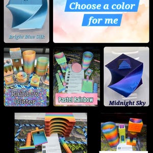 May include: A collection of 3D printed desk accessories and organisers in various finishes including Bright Blue Silk, Rainbow Glitter, Pastel Rainbow, Midnight Sky, Rainbow Silk, and Clear Rainbow, with text overlays labelling each colour option.