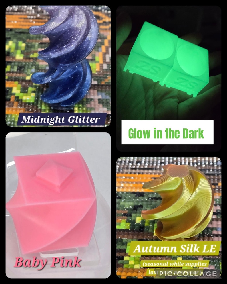 May include: A collage of four items. Top left: a dark blue, glittery, spiral-shaped object with the text "Midnight Glitter". Top right: two green, square objects that glow in the dark, with the text "Glow in the Dark". Bottom left: a pink, geometric object with the text "Baby Pink". Bottom right: a gold spiral-shaped object with the text "Autumn Silk LE".