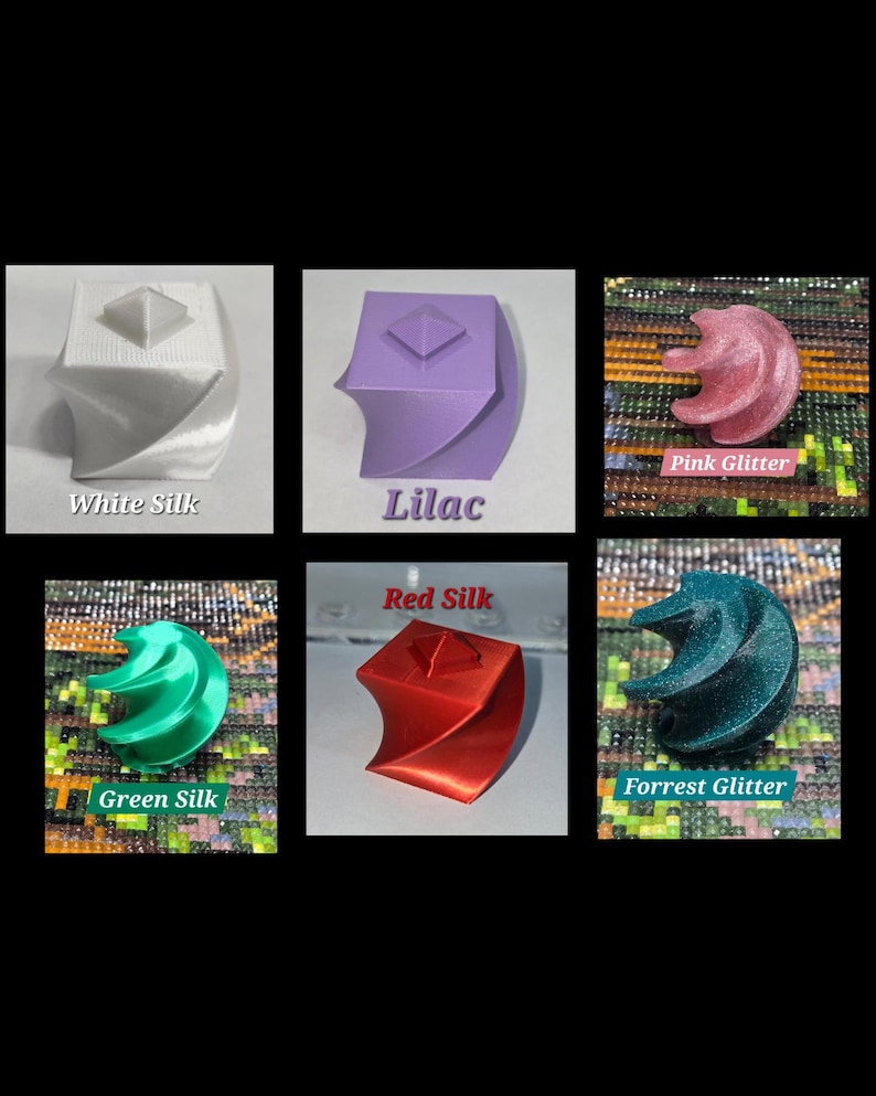 May include: A collection of six 3D-printed objects in various colors and finishes. The objects include white silk, lilac, pink glitter, green silk, red silk, and forest glitter. Each object has a unique, abstract design with text labels.