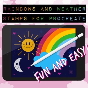 Procreate Rainbow and Weather Stamps, procreate rainbow stamps, procreate weather stamps, procreate Brushes, best, clover, sun, moon, cloud