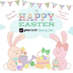 May include: A digital stamp set for Procreate featuring over 25 Easter-themed illustrations, including bunnies, eggs, chicks, and a basket of eggs. The set also includes a free Easter color palette.