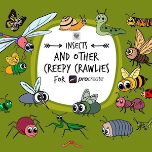 May include: A set of colorful cartoon insect and creepy crawly illustrations for Procreate. The illustrations include a dragonfly, snail, caterpillar, bee, ladybug, spider, ant, grasshopper, and more.