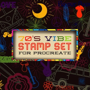 Procreate 70's Vibe Stamp Set, timbres des années 70, timbres rétro, timbres procréés des années 70, timbres de fleurs, timbres de signes de paix, pinceaux procréés, meilleur