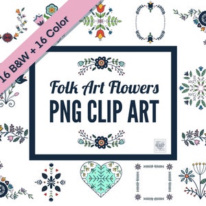 May include: A set of 32 folk art flower clip art images in black and white and color. The images feature stylized flowers, leaves, and wreaths in a variety of designs. The images are perfect for adding a touch of folk art to your projects.