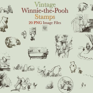 May include: A set of 20 vintage Winnie-the-Pooh stamps featuring black and white illustrations of Winnie-the-Pooh and his friends. The stamps are digital downloads and are perfect for scrapbooking, card making, and other craft projects.