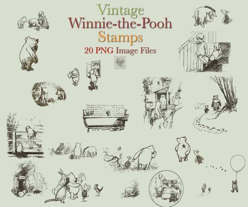 May include: A set of 20 vintage Winnie-the-Pooh stamps featuring black and white illustrations of Winnie-the-Pooh and his friends. The stamps are digital downloads and are perfect for scrapbooking, card making, and other craft projects.