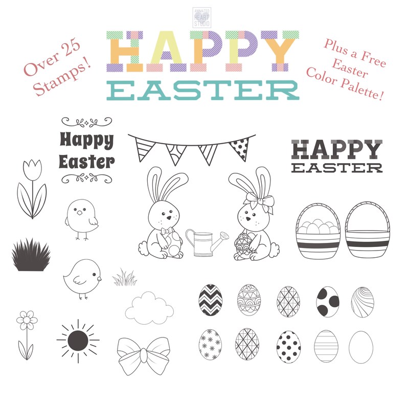K&ouml;nnte beinhalten: Ein Set mit 25 schwarz-wei&szlig;en Ostern-Stempeln mit Hasen, K&uuml;ken, Eiern, K&ouml;rben, Blumen und einer Sonne. Der Text "Happy Easter" erscheint zweimal im Bild. Der Text "Over 25 Stamps!" und "Plus a Free Easter Color Palette!" erscheint ebenfalls im Bild.