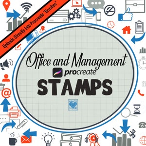 May include: A set of office and management themed stamps for Procreate. The stamps are in a circle with a grey and white grid background. The text "Office and Management procreate STAMPS" is in black text. The stamps include icons such as a house, a phone, a clock, a calendar, a computer, a file folder, a pencil, a paperclip, a coffee cup, a light bulb, a dollar sign, a star, a graph, a magnifying glass, an hourglass, a wireless signal, and a globe.