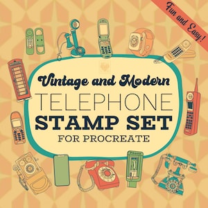 Op de afbeelding: Een set vintage en moderne telefoon stempels voor Procreate. De stempels bevatten verschillende telefoonontwerpen, waaronder draaitelefoons, mobiele telefoons en telefooncellen. De stempels zijn in verschillende kleuren, waaronder rood, blauw, groen en geel.