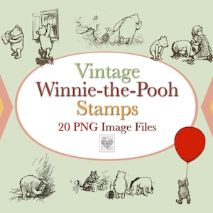 May include: A set of 20 vintage Winnie-the-Pooh stamps featuring black and white illustrations of Winnie-the-Pooh, Piglet, Tigger, and Eeyore. The stamps are PNG image files.