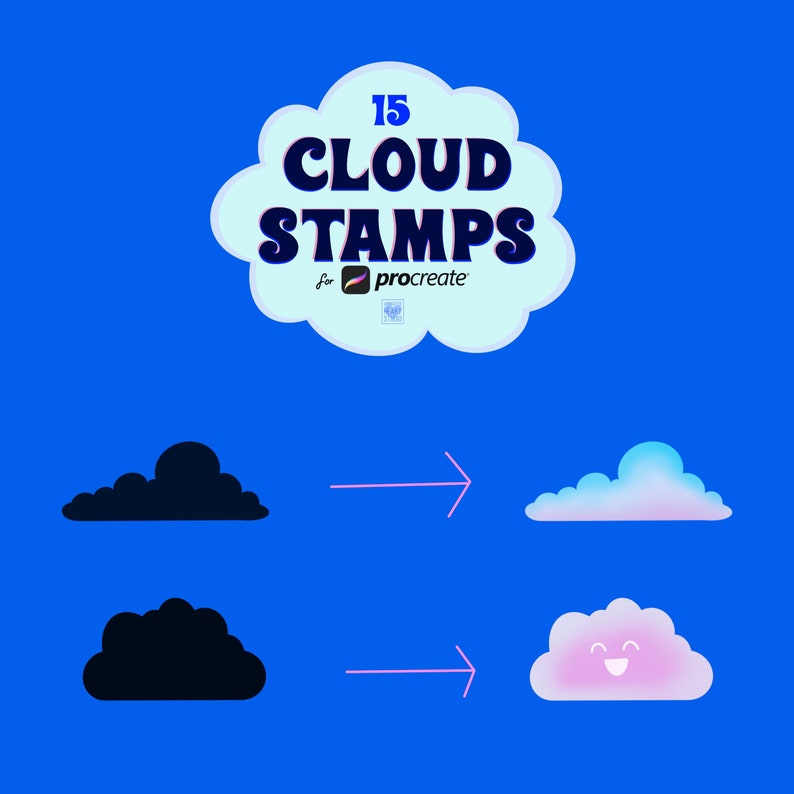 Puede incluir: 15 sellos de nubes para Procreate. Se muestran dos sellos de nubes en blanco y negro junto a sus hom&oacute;logos en color. Las nubes de color son de un azul claro con un degradado rosa y una nube rosa con una cara sonriente.