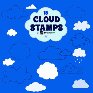 Puede incluir: Un conjunto de 15 sellos de nubes para Procreate, con diferentes formas y estilos de nubes, incluyendo una nube de lluvia, una nube esponjosa y una nube en espiral. Los sellos son contornos negros sobre un fondo azul.