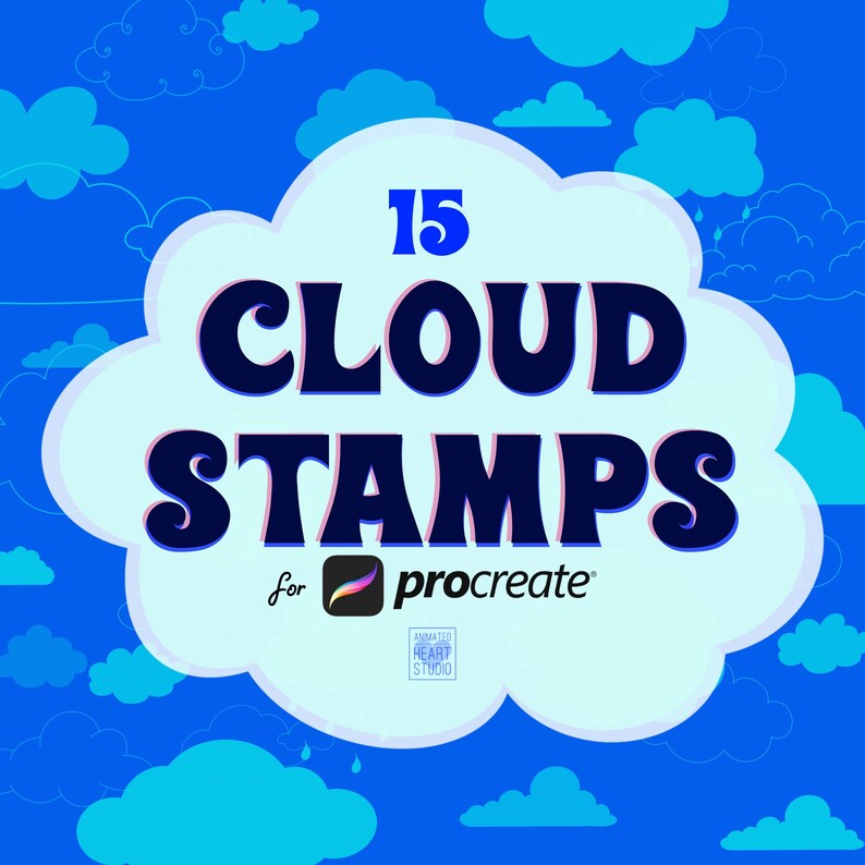 Puede incluir: Una nube azul con el texto "15 Cloud Stamps for Procreate" en una nube blanca con un contorno azul. El texto "Animated Heart Studio" est&aacute; en una peque&ntilde;a nube blanca con un contorno azul.