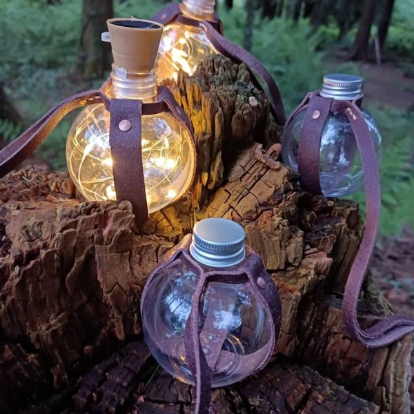 Larp Safe Plastic potion elixer bottles with leather straps - fairy firefly LED battery lights