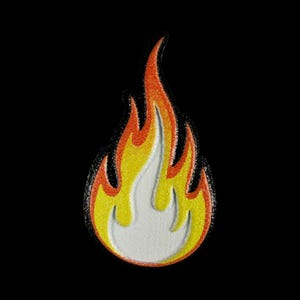 May include: A flame-shaped embroidered patch featuring a layered design with a white center, a yellow middle section, and an orange outer border. The patch has a distinct black stitched edge that defines the overall shape of the fire icon.