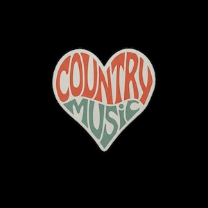 May include: A heart-shaped sticker featuring the text "COUNTRY MUSIC" in a stylised, wavy font. The word "COUNTRY" is printed in a bold orange colour, while the word "MUSIC" is printed in a muted sage green colour against a white background.