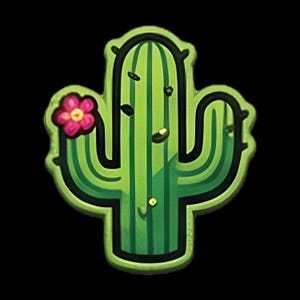 May include: A green cactus-shaped pin with a thick black outline. The cactus features vertical dark green stripes, small scattered dark markings, and a single bright pink flower with a yellow center attached to the left arm of the plant.