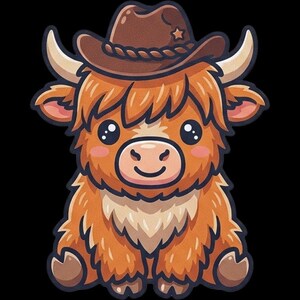 May include: A cartoon illustration of a fluffy orange Highland cow wearing a brown cowboy hat with a rope band. The cow has large dark eyes, a light tan muzzle, and small horns. The design features a thick dark outline against a black background.