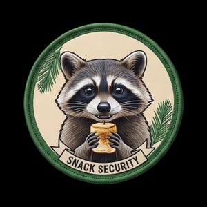 May include: A circular embroidered patch featuring a raccoon holding a toasted marshmallow. The raccoon has grey and black fur, and the design includes green pine needles on a cream background. A banner at the bottom reads SNACK SECURITY.