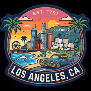 May include: A circular patch featuring a colorful illustration of the Los Angeles skyline, a beach, a Ferris wheel, a classic car, and palm trees. The text EST. 1781 appears at the top and LOS ANGELES, CA is printed in bold letters at the bottom.