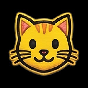 May include: A gold-toned metal pin shaped like a cat head. The cat face is yellow with dark brown outlines, black eyes, a pink nose, and black whiskers. The ears have pink inner details and the forehead features three vertical brown stripes.