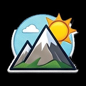 May include: A circular embroidered patch featuring a landscape design with two snow-capped mountains in the foreground, a bright yellow sun in the upper right corner, and a single white cloud against a light blue sky background with a dark border.
