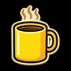 Puede incluir: Una taza de café de color amarillo brillante con un líquido marrón oscuro en su interior, que presenta un vapor de color beige claro estilizado que se eleva desde la parte superior. La taza tiene un borde negro grueso y un asa redondeada.