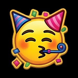 May include: A yellow circular emoji pin featuring a smiling face with closed eyes and rosy cheeks. The face wears a blue and pink striped party hat on the left and a pink and red striped party hat on the right, while blowing a blue party horn.