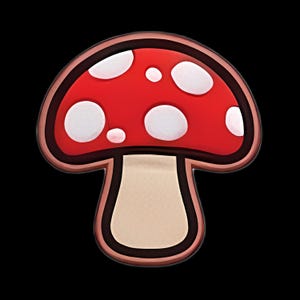 Op de afbeelding: Een gestileerd paddenstoelpictogram met een felrode hoed met witte stippen en een lichtbeige steel. Het ontwerp is omlijnd met een dikke donkerbruine rand, wat een duidelijke en gedefinieerde vorm creëert tegen de zwarte achtergrond van de afbeelding.