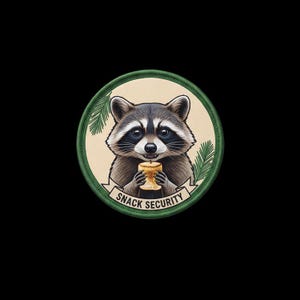 May include: A circular embroidered patch with a green border featuring a raccoon holding a piece of toast. The raccoon has grey and white fur with a black mask. Below the raccoon is a banner with the text SNACK SECURITY in black letters.