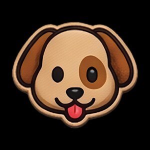 May include: A stylised dog face pin featuring a light tan head with darker brown ears and a circular patch over the right eye. The dog has black eyes, a black nose, and a small pink tongue visible in an open mouth, all outlined in a dark border.