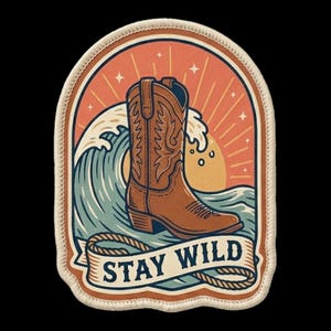 Op de afbeelding: Een geborduurde patch met een bruine cowboylaars voor een blauwe oceaangolf en een perzikkleurige zon. Een crèmekleurige banner aan de onderkant toont de tekst STAY WILD in donkerblauwe letters, omlijst door een touwontwerp aan de randen.