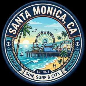 Könnte beinhalten: Ein runder gestickter Aufnäher mit einem Santa Monica, CA Motiv. Die Grafik zeigt ein Riesenrad auf einem Pier, Palmen, einen Strand und Segelboote bei Sonnenuntergang. Der Text lautet SANTA MONICA, CA und EST. 1875 SUN, SURF & CITY mit Ankern.