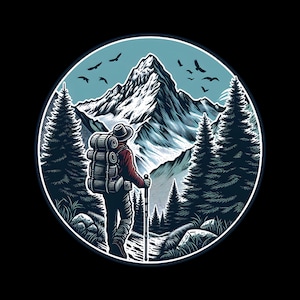 May include: A circular graphic illustration featuring a hiker with a large backpack and a walking stick, standing on a path between tall pine trees. In the background, a large, snow-capped mountain peak rises under a light blue sky with birds.