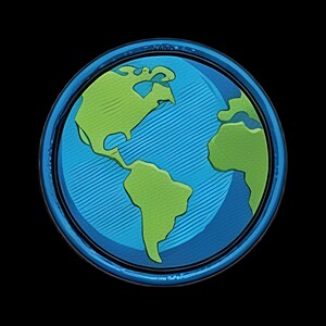 Puede incluir: Un emblema circular que presenta un globo terráqueo estilizado con masas terrestres de color verde vibrante sobre un fondo de océano azul brillante. El diseño incluye sombreado de líneas diagonales sobre el agua, dentro de un borde circular grueso.