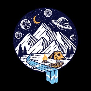May include: A circular graphic illustration featuring a night sky with planets, a crescent moon, and stars above white mountain peaks. Below, a winding blue river flows past a yellow tent, a campfire, and a small wooden boat with oars.