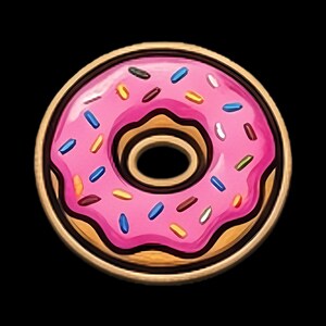 May include: A circular enamel pin shaped like a donut with a tan base and a thick layer of glossy pink icing. The icing is decorated with small, multi-colored sprinkles in shades of blue, yellow, white, and brown, arranged in a scattered pattern.