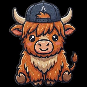 Könnte beinhalten: Ein Cartoon-Aufkleber eines flauschigen orangefarbenen Hochlandrindes, das eine dunkelblaue Baseballkappe mit dem Buchstaben A auf der Vorderseite trägt. Das Rind hat große Hörner, einen hellen Brustfleck und einen kleinen Schwanz, schwarz umrandet.