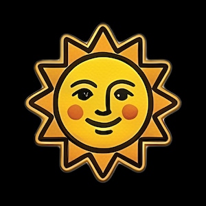 Pode incluir: Um emblema de sol amarelo com um rosto estilizado, contornos castanho-escuros, olhos amendoados, boca curva e bochechas redondas cor de laranja avermelhado. O sol tem doze raios triangulares pontiagudos que se estendem do centro circular.