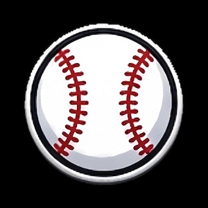 May include: A circular pin featuring a white baseball graphic with prominent red stitching. The design is encased in a metallic silver frame with a ridged edge, creating a clean and defined appearance for this sports-themed accessory.