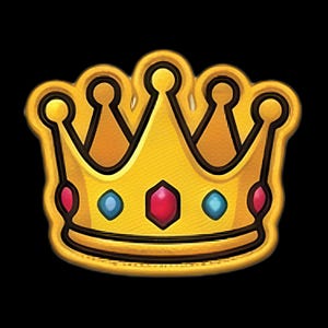 May include: A golden crown illustration featuring five points topped with small spheres. The base of the crown is decorated with a central red hexagonal gemstone flanked by two smaller blue circular gems and two outer pink circular gems.