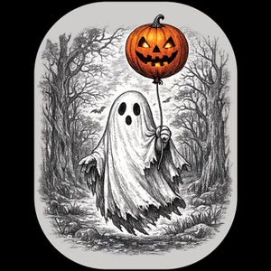 Puede incluir: Una ilustración en blanco y negro estilo boceto de un fantasma cubierto con una sábana blanca, flotando en un bosque. El fantasma sostiene un globo de calabaza naranja brillante con una cara tallada. Murciélagos vuelan entre árboles desnudos.