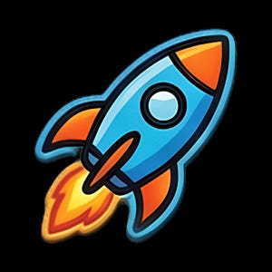 以下が含まれることがあります： 漫画スタイルのロケット船のステッカー。水色のボディに濃い青の輪郭、オレンジ色のノーズコーンとフィンが特徴です。ロケットには円形の窓があり、底から明るい黄色とオレンジ色の炎が出て推進しています。