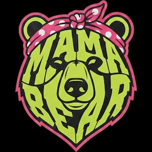 Peut inclure: Un motif graphique représentant la silhouette d'une tête d'ours en vert citron sur fond noir. Le texte MAMA BEAR est intégré dans le visage de l'ours. Un bandana rose à pois blancs est noué autour de la tête de l'ours.